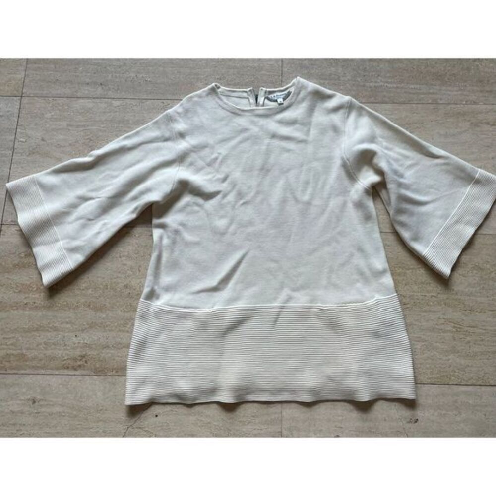 L.K. Bennett Cream wool blend Bell Sleeve Knit Top Ribbed Hem Elegant Workwear M